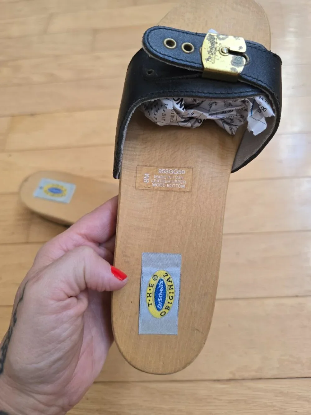 vintage 70s Dr. Scholl's Original black leather made in Italy retro sandals WM 8